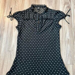 Vanity Sheer Polka Dot V-neck Top Womens Large with tie sleeves EUC